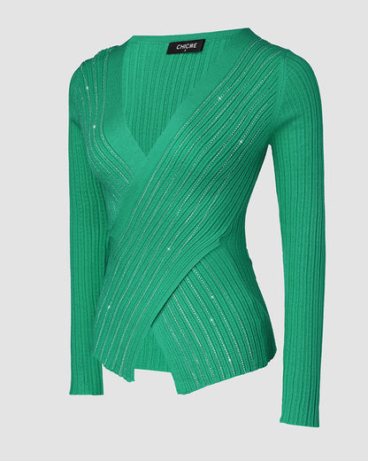 Rhinestone Decor Overlap V-Neck Long Sleeve Knit Sweater Asymmetrical Hem Slim Fit Textured Pullover Top