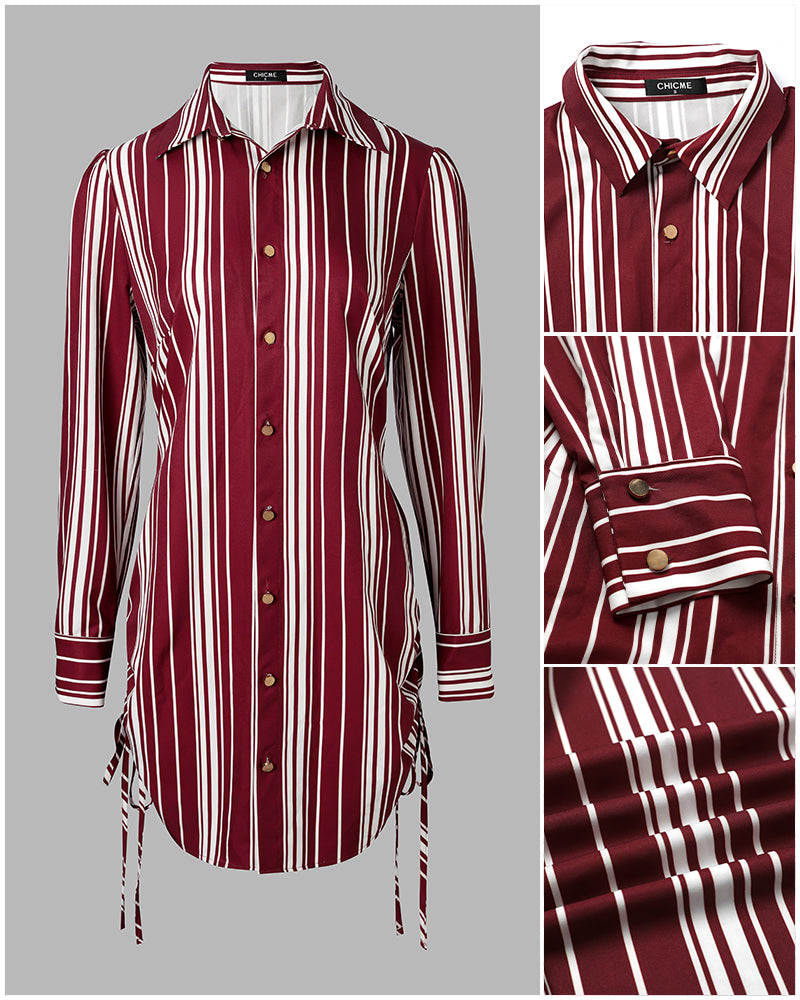 Women's Striped Shirt Dress Button Down Long Sleeve Shirred Waist Casual Dress