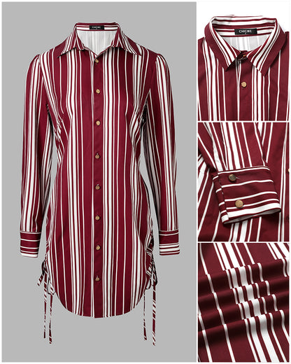 Women's Striped Shirt Dress Button Down Long Sleeve Shirred Waist Casual Dress
