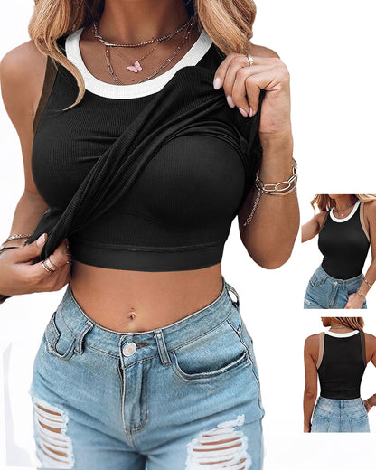 CHICMELIVE Womens Sleeveless Ribbed Built in Bra Tank Top-Lighted Blue-X-Large