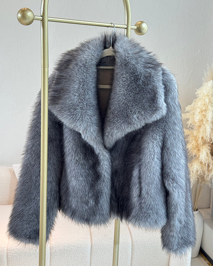Turn-down Collar Long Sleeve Faux Fur Coat Jacket Casual Warm Fluffy Cropped Coat