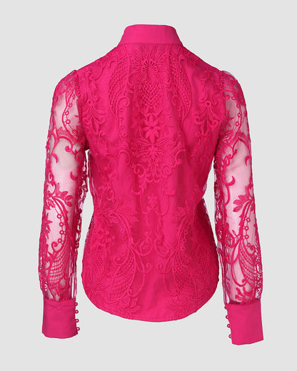 Women's Elegant Mesh Patchwork Shirt Floral Embroidery Stand Collar Pearl Button Long Sleeve Blouse