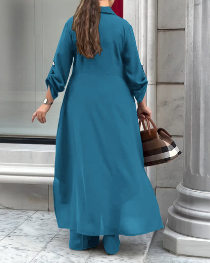 2 Pieces Outfit Turn-down Collar Turn-Up Sleeves Button Front Asymmetrical Hem Longline Blouse and Casual Elastic Waist Wide Leg Pants Set
