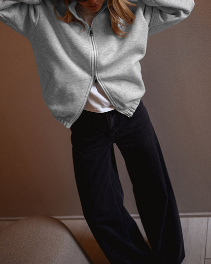 Women's Two-Way Zipper Front Stretchy Hem Coat Stand Collar Drop Shoulder Sweatshirt with Pockets