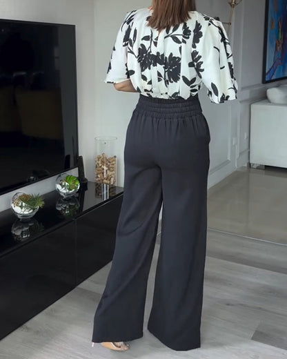 2 Pieces Outfit Floral Print Round Neck Bell Sleeve Satin Top and High Waist Wide Leg Work Pants Set