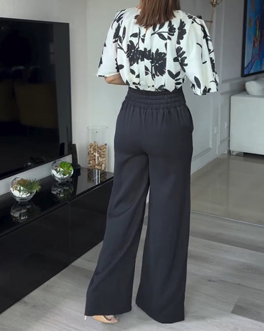 2 Pieces Outfit Floral Print Round Neck Bell Sleeve Satin Top and High Waist Wide Leg Work Pants Set