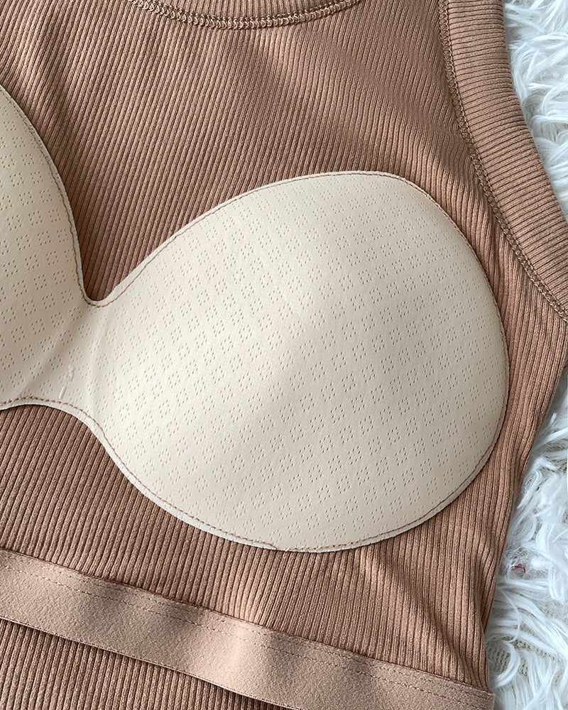 ChicMeLive Built-in Bra Ribbed Round Neck Tank Top