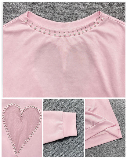 Pearls Decor Sheer Heart Pattern Mesh Spliced Tee Casual Drop Shoulder Long Sleeve Top