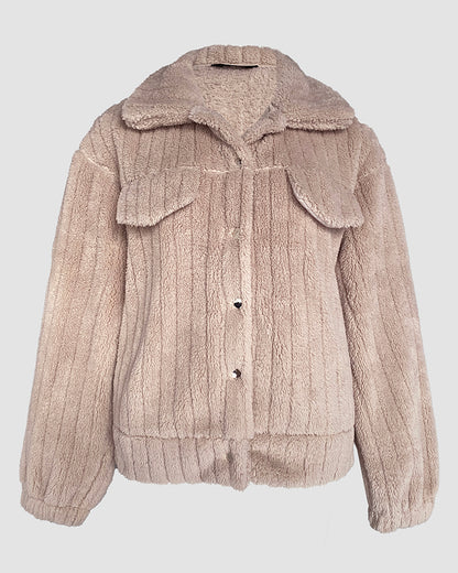 Textured Striped Turn-down Collar Button Front Elastic Cuff and Hem Teddy Fleece Jacket With Decorative Flap Pockets
