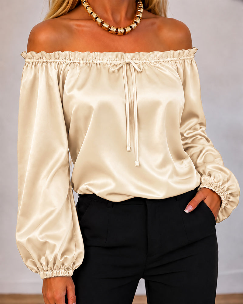 CHICMELIVE Off Shoulder Satin Tops Women Ruffle Tie Front Blouse