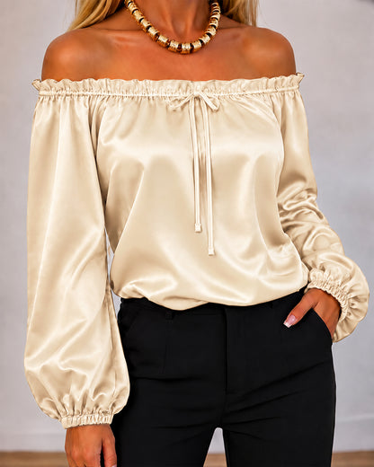 CHICMELIVE Off Shoulder Satin Tops Women Ruffle Tie Front Blouse