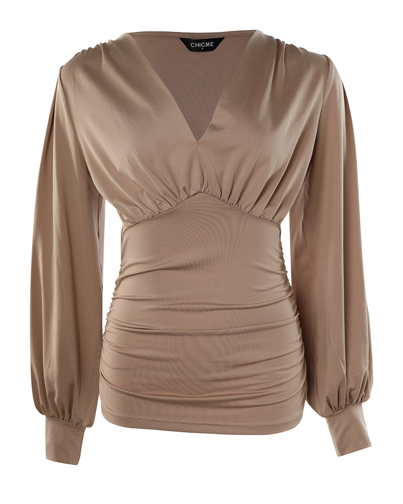 Deep V-Neck Lantern Sleeve Ruched Blouse Casual Slim Fit Top
