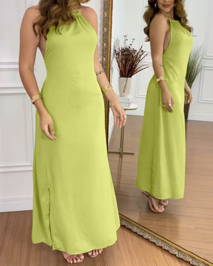 Halter Sleeveless Backless Maxi Dress Casual Shirred Back Side Slit Vacation Dress