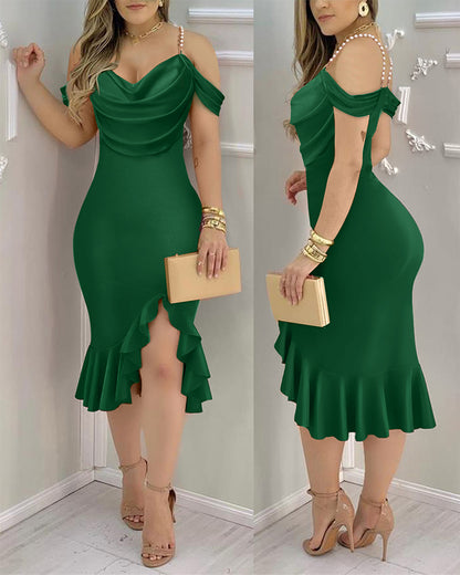 Cold Shoulder Pearls Straps Bodycon Dress Cowl Neck Asymmetrical Ruffle Hem Party Dress