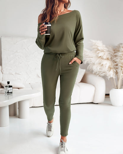 2 Pieces Outfit Long Sleeve Skew Neck Pullover Top and Drawstring Elastic Waist Slim Fit Pants Set