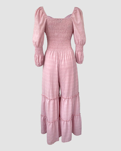 Sweetheart Neck Puff Sleeve Drawstring Front Shirred Overalls Casual Cutout Front Ruffle Hem Wide Leg Jumpsuit