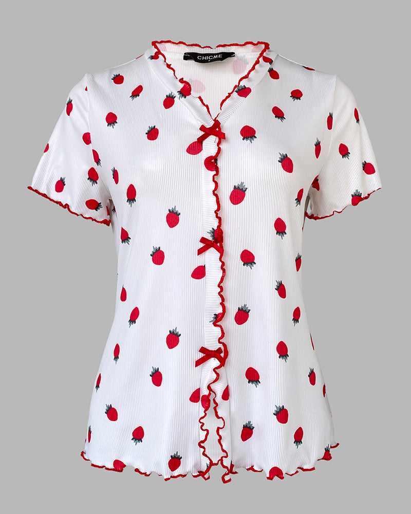 2 Pieces Outfit Strawberry Print Stand Collar Short Sleeve T-shirt and Pants Pajamas Set