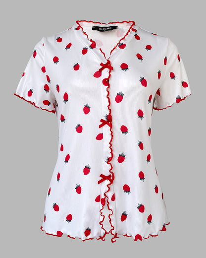 2 Pieces Outfit Strawberry Print Stand Collar Short Sleeve T-shirt and Pants Pajamas Set