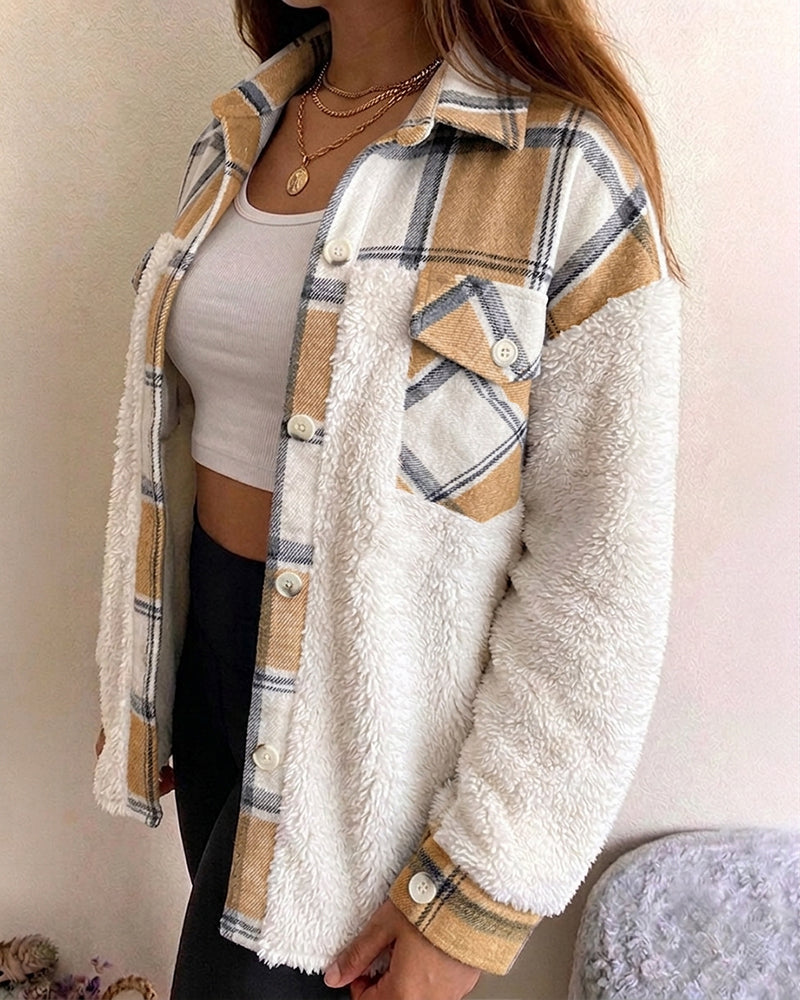 CHICMELIVE Women's Fleece Jacket Plaid Patchwork Sherpa Shacket