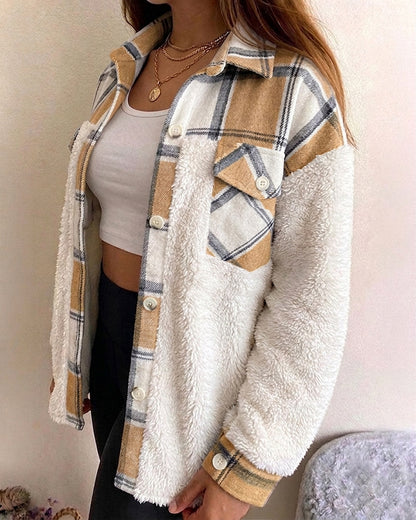 CHICMELIVE Women's Fleece Jacket Plaid Patchwork Sherpa Shacket