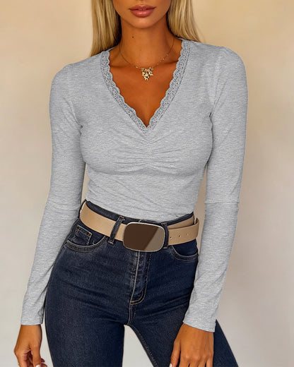 CHICMELIVE Women Lace Long Sleeve Top V Neck Fitted Shirts Fall Blouses