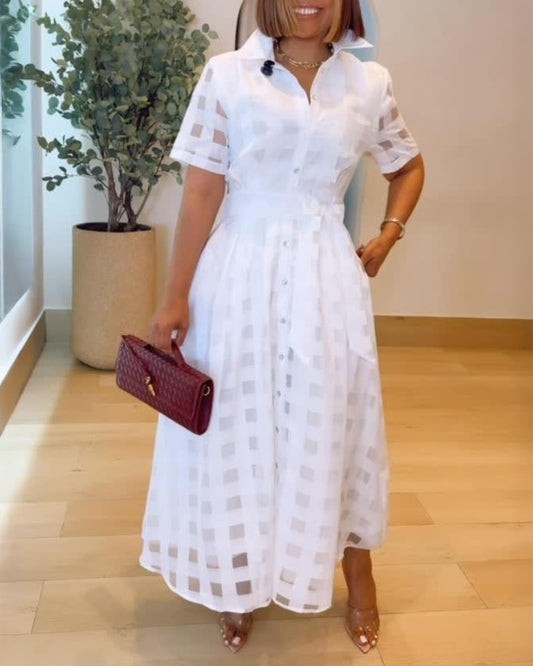 Turn-down Collar Plaid Mesh Double-Layered Cinched Waist Maxi Dress Button Down Bow Tie Waist Commuting Dress