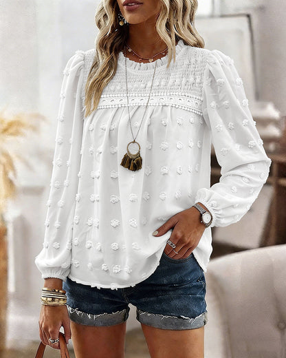 Women's French Style Chiffon Blouse Elegant Frill Trim Stand Collar Top Lantern Sleeve Lace Patchwork Jacquard Shirt