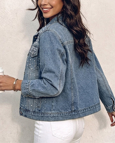Women's Pearls Rhinestone Denim Jacket Distressed Long Sleeve Button Up Jean Coat