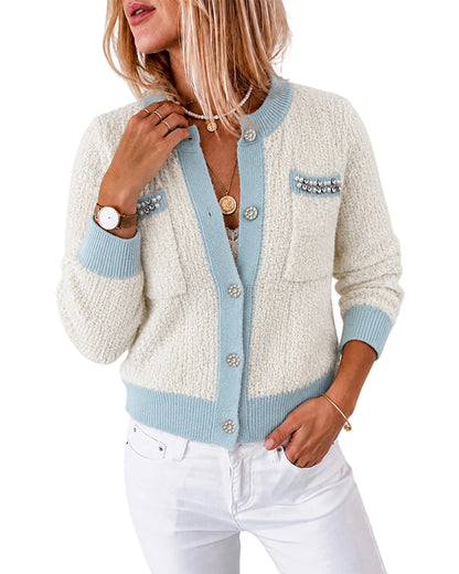 CHICMELIVE Women Contrast Trim Knit Cardigan Elegant Button Front Sweater