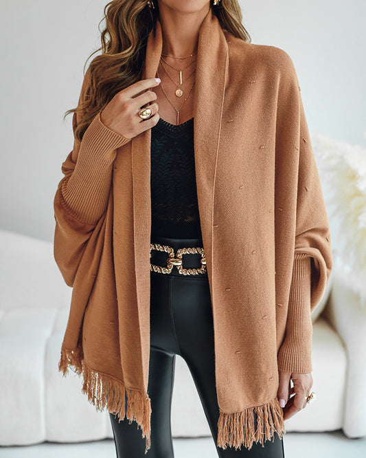 Tassel Design Long Sleeve Slit Cardigan Fashion Versatile Warm Cape Shawl