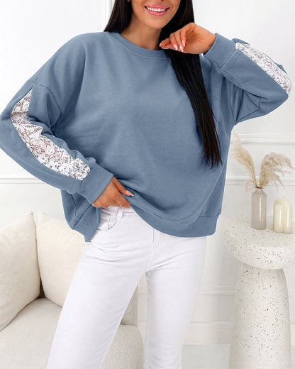 CHICMELIVE Oversized Sweatshirt for Women Lace Sleeve Cutout Fall Pullover