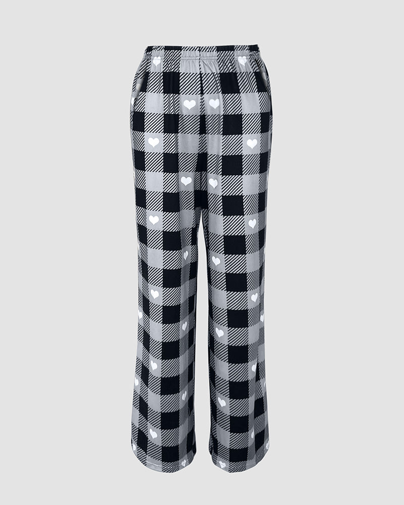 2 Pieces Outfit Cute Letter Print Short Sleeve T-shirt and Plaid Pants Set Loungewear