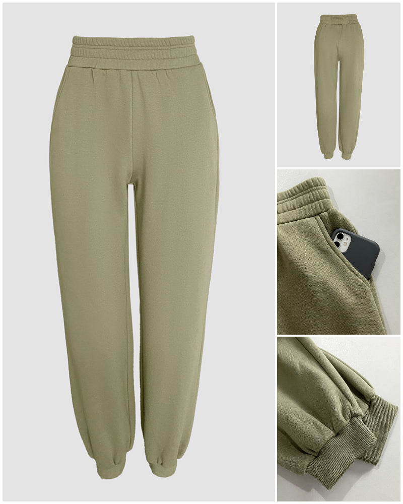 2 Pieces Outfit Kangaroo Pocket Thermal Lined Drawstring Hoodie Sweatshirt and Casual Elastic Waist Cinched Ribbed Cuffs Sporty Sweatpants Set
