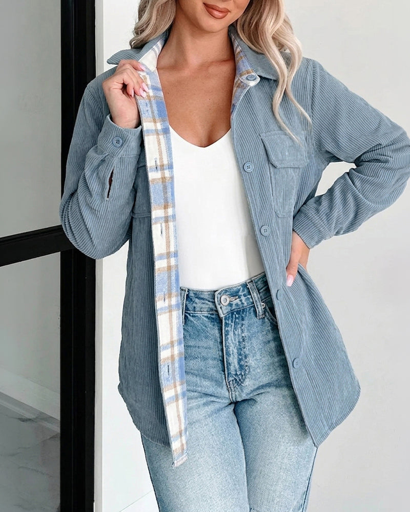 CHICMELIVE Women's Corduroy Plaid Shacket Two-Way Reversible Jacket