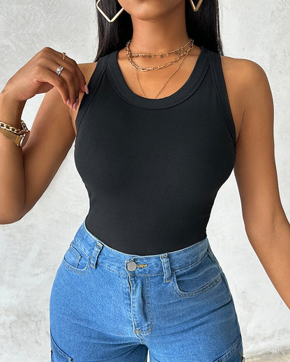 ChicMeLive Built-in Bra Ribbed Round Neck Tank Top