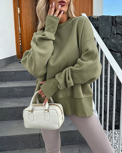 Women's Casual Crewneck Sweatshirt Loose Long Sleeve Side Slit Pullover Top with Thumb Holes