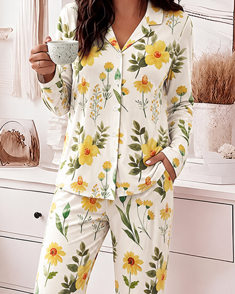 Women's Colorful Heart Print 2 Piece Pajama Set Long Sleeve Button Down Top and High Waisted Pants Casual Lounge Sets