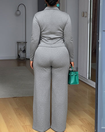 Stylish 2 Pieces Outfit Long Sleeve Criss Cross Button-Up Top and Casual Wide Leg Pants Set with Pockets