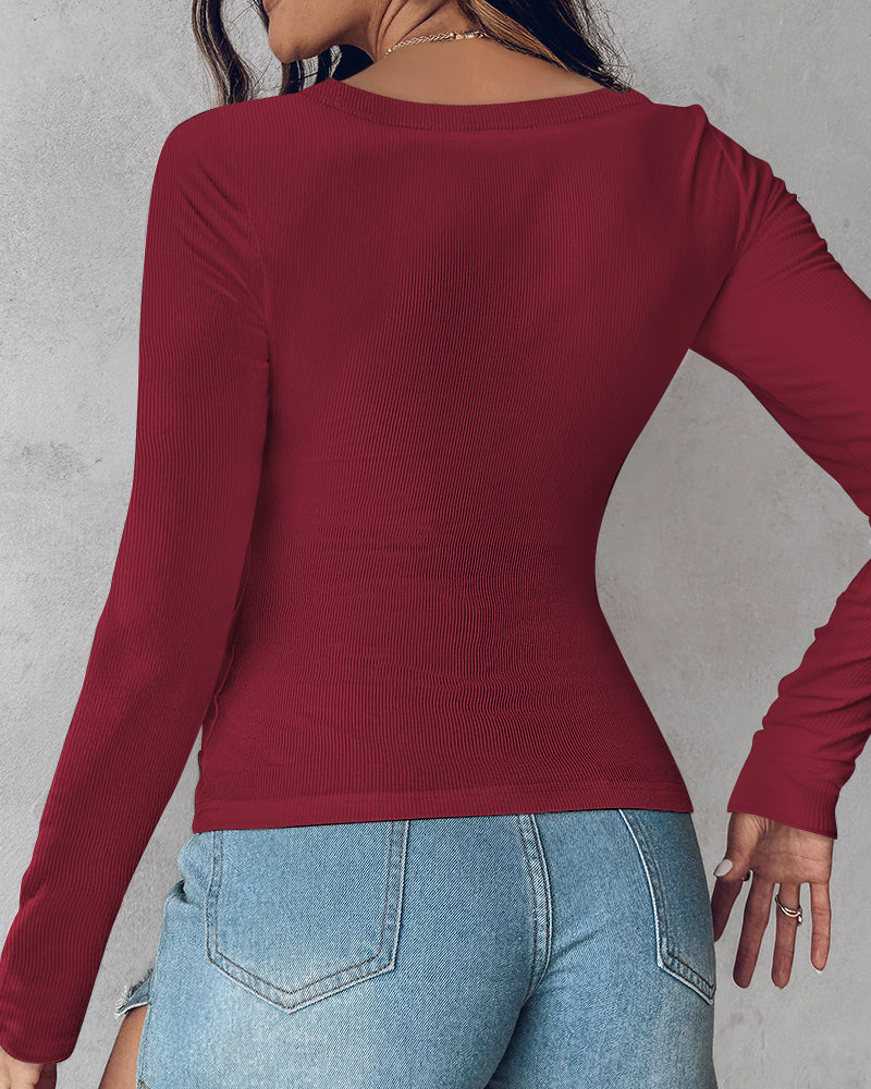 ChicMe Built-in Bra U-Neck Long Sleeve Ribbed Top
