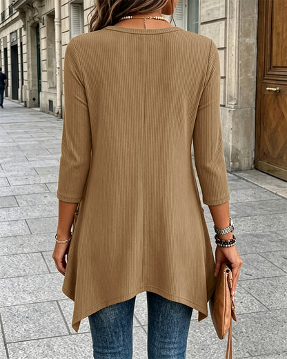 CHICMELIVE Womens 3/4 Sleeve Ribbed Tunic Asymmetrical Hem Loose Top