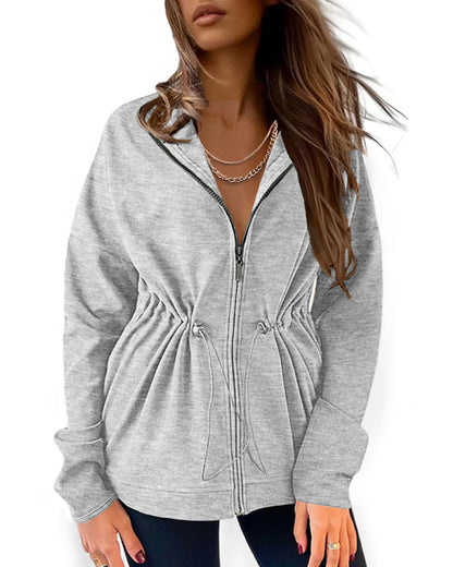 Long Sleeve Waist Drawstring Hooded Coat Casual Loose Fit Cardigan Jacket with Pockets