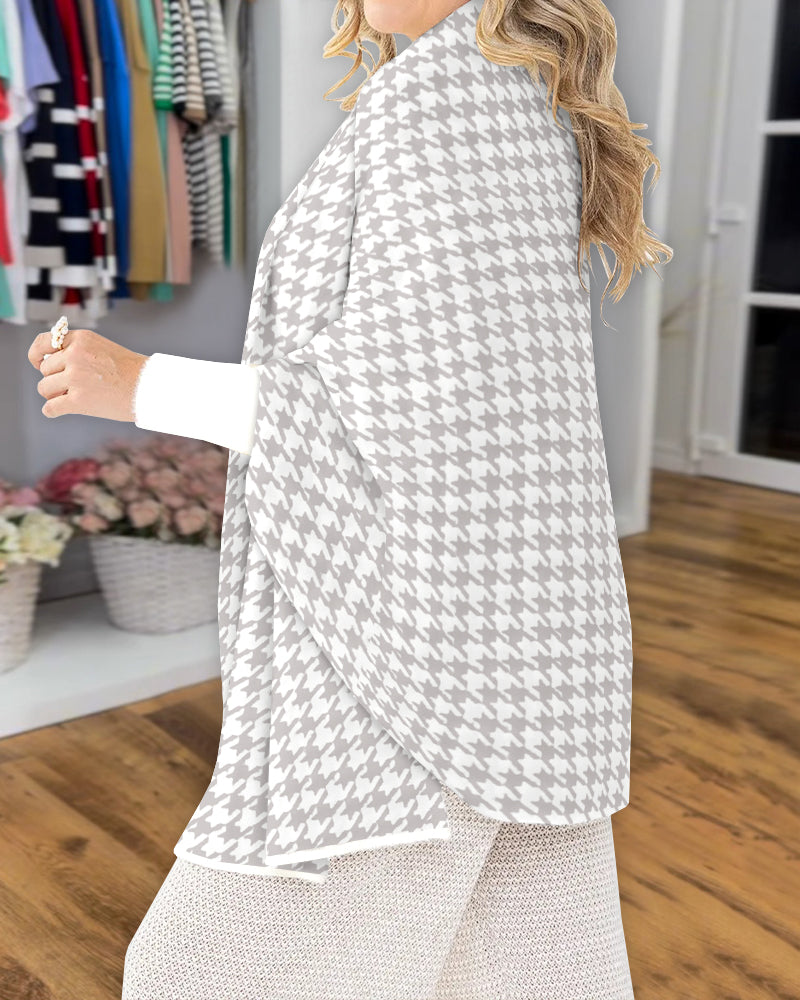 Houndstooth Print Versatile Loose Fit Sweater Coat Casual Warm Cape Shawl