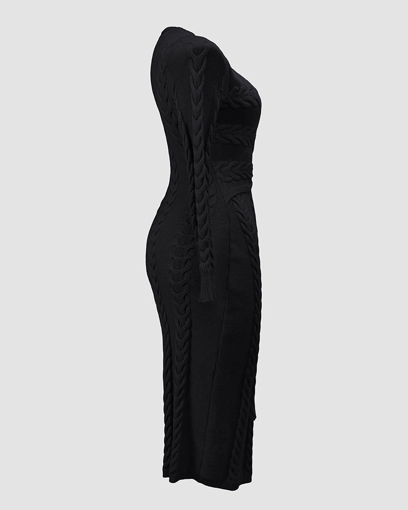 Cable Textured Overlap Deep V-Neck Long Sleeve Mid-Length Dress Tie Waist Slim Fit Knit Dress