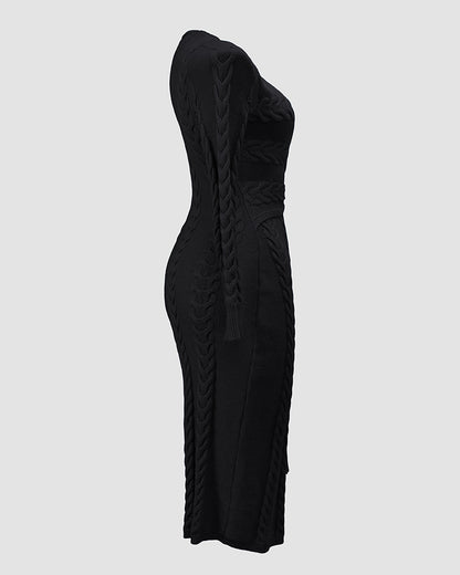Cable Textured Overlap Deep V-Neck Long Sleeve Mid-Length Dress Tie Waist Slim Fit Knit Dress