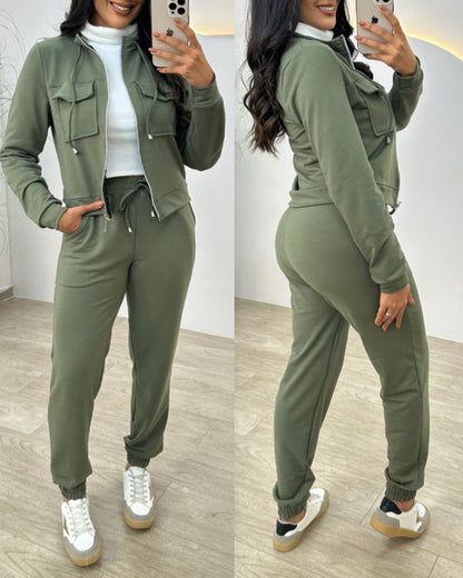 Stand Collar Long Sleeve Pocket Dec Zipper Top and Casual Elastic Waist Drawstring Pants Sets