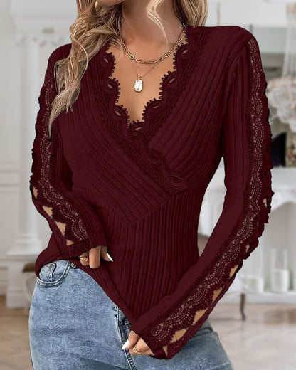 Overlap V-Neck Lace Trim Hollow-out Long Sleeve Tee Slim Fit Ribbed Layering Top