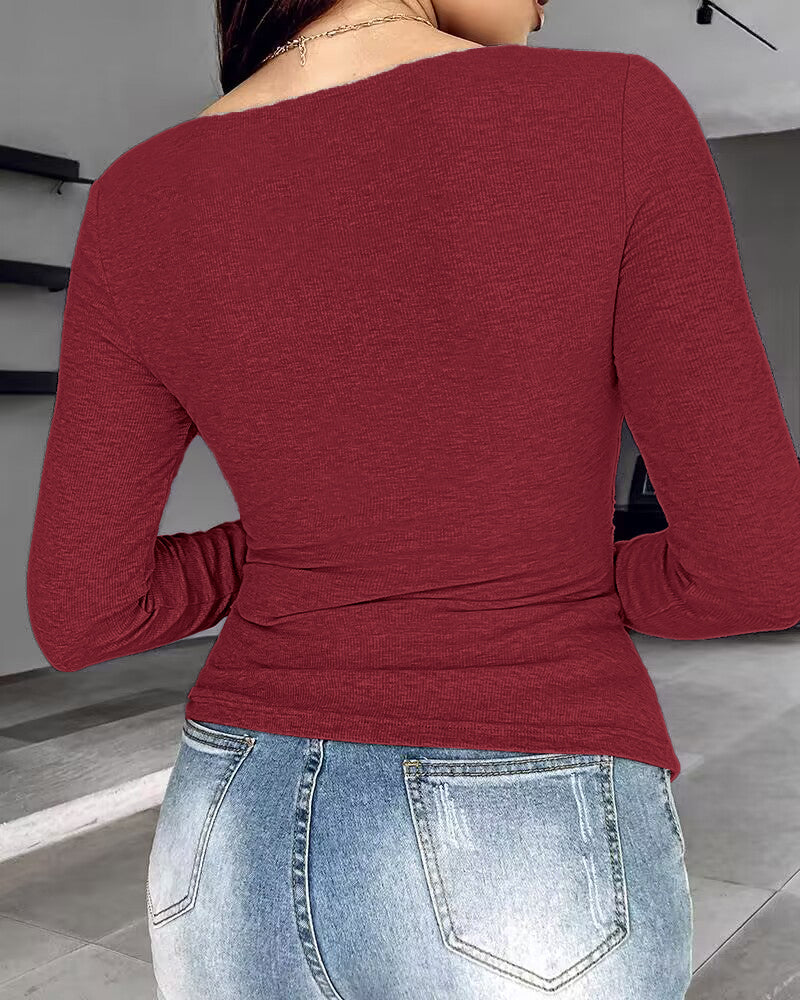 ChicMe Built-in Bra Notch Neck Long Sleeve Shirts Rib-Knit Ruched Waist Top
