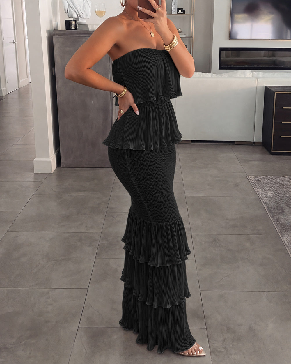 Layered Ruffle Shirred Slim Fit Strapless Dress Textured Maxi Party Dress