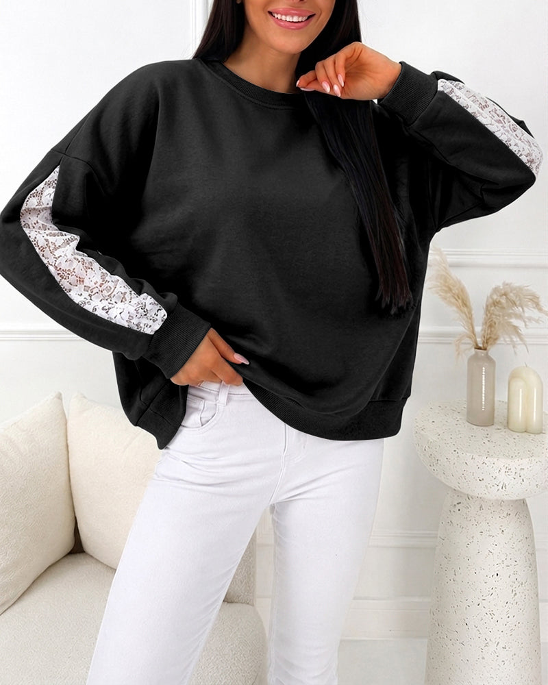 CHICMELIVE Oversized Sweatshirt for Women Lace Sleeve Cutout Fall Pullover