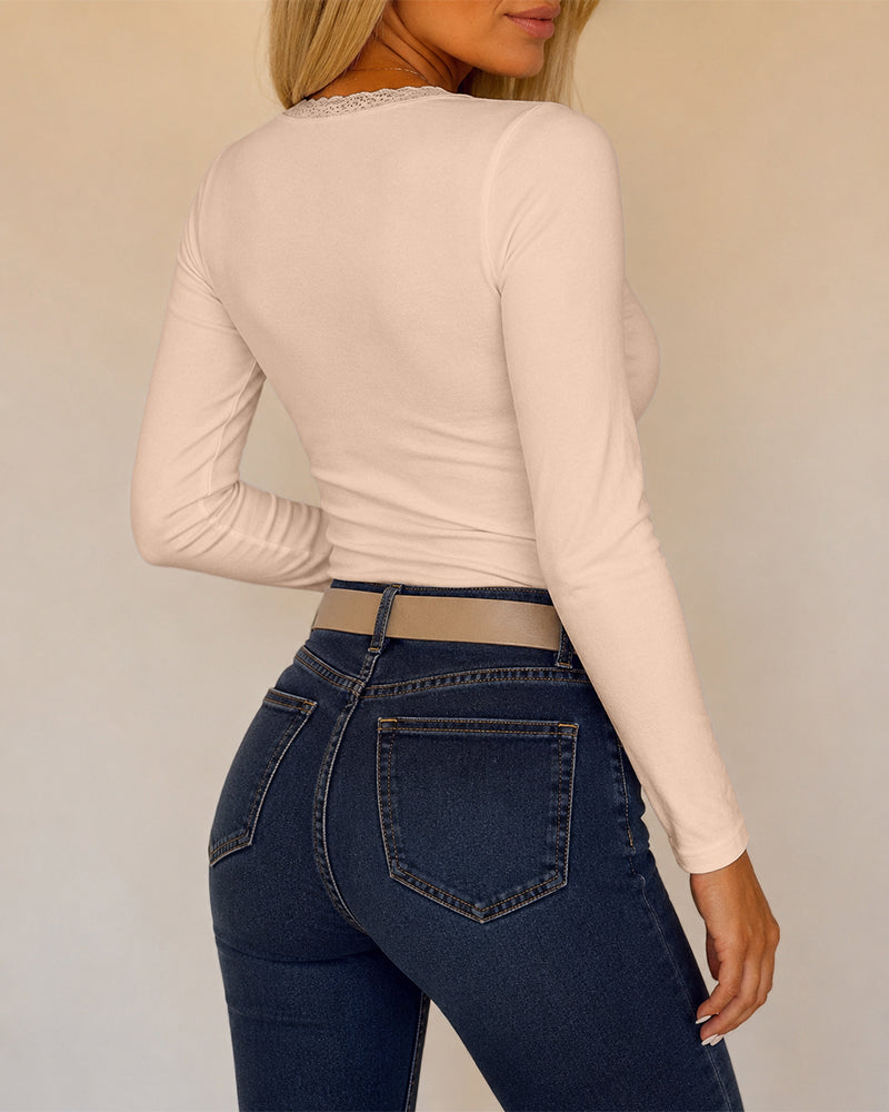 CHICMELIVE Women Lace Long Sleeve Top V Neck Fitted Shirts Fall Blouses